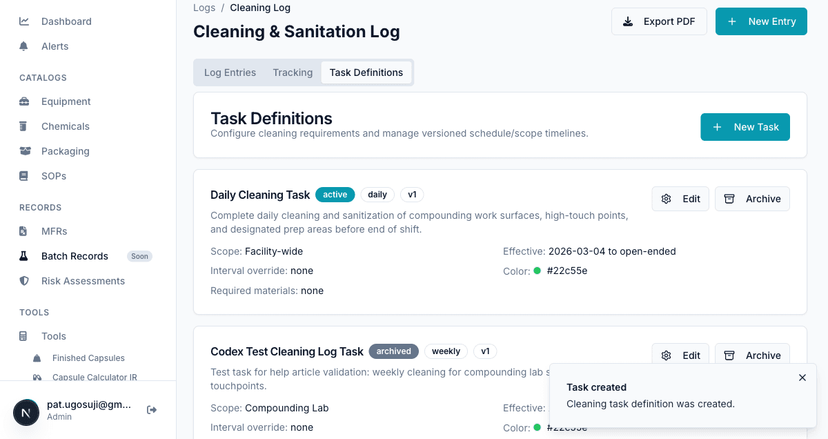 Task Definitions with Daily Cleaning Task created