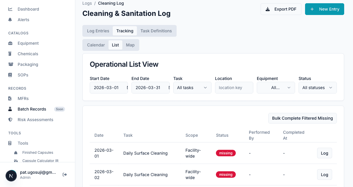Tracking list view with upcoming tasks